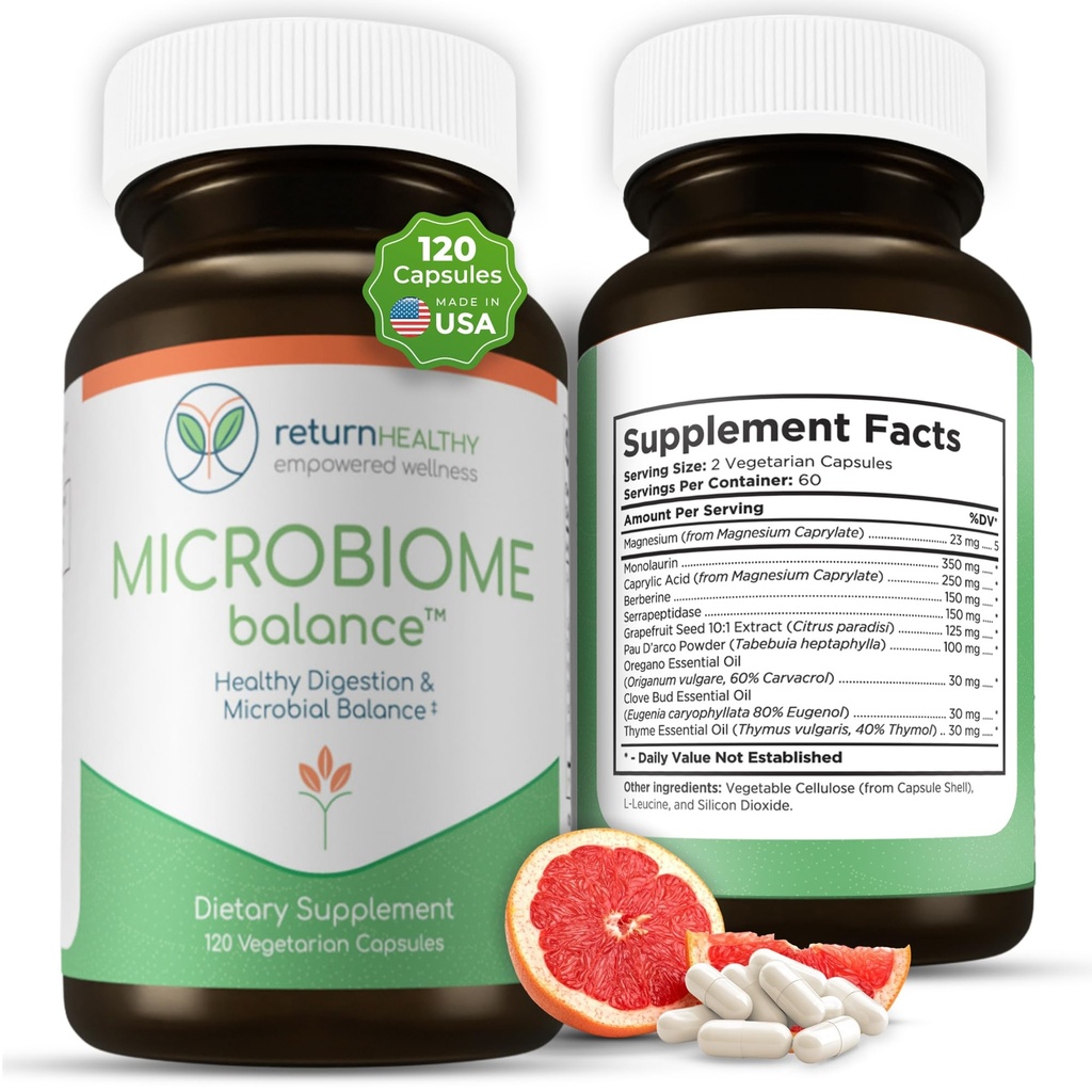 Microbiome Balance – Gut Health Supplement for Women and Men with Monolaurin & Caprylic Acid – Supports Digestive Wellness & Healthy Gut Environment – 120 Capsules