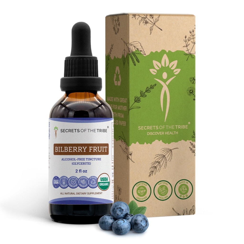 Secrets of the Tribe Bilberry Fruit USDA Organic | Alcohol-Free Extract, High-Potency Herbal Drops, Vision | Made from 100% Certified Organic Bilberry (Vaccinium Myrtillus) Dried Fruit 2 oz