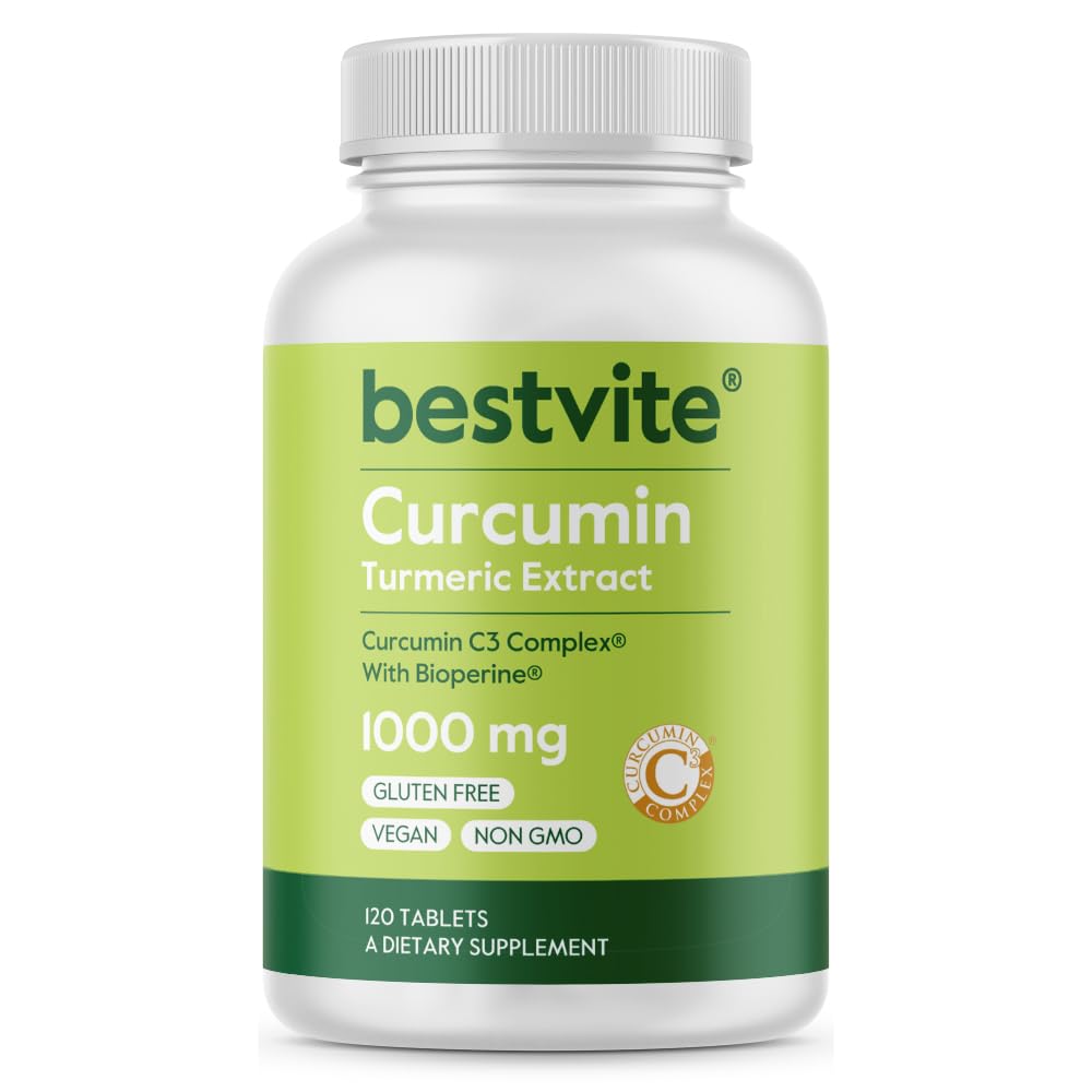 BESTVITE Curcumin 1000mg per Tablet (Turmeric Extract)(120 Tablets) Featuring Clinically Studied Curcumin C3 Complex® & BioPerine® - Standardized to 95% Curcuminoids - Vegan - Non GMO - Gluten Free