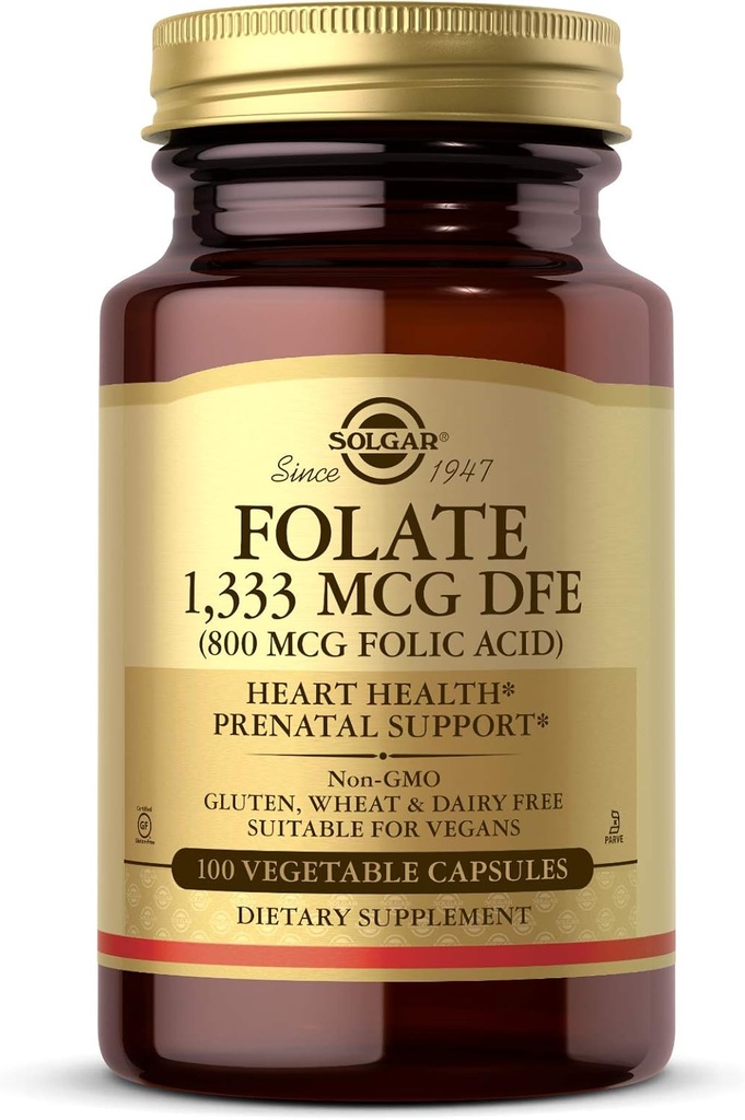 Solgar Folate 1,333 mcg Dietary Folate Equivalent (800 mcg Folic Acid), 100 Vegetable Capsules - Heart Health, Healthy Nervous System, Prenatal Support - Non-GMO, Vegan, Gluten Free - 100 Servings