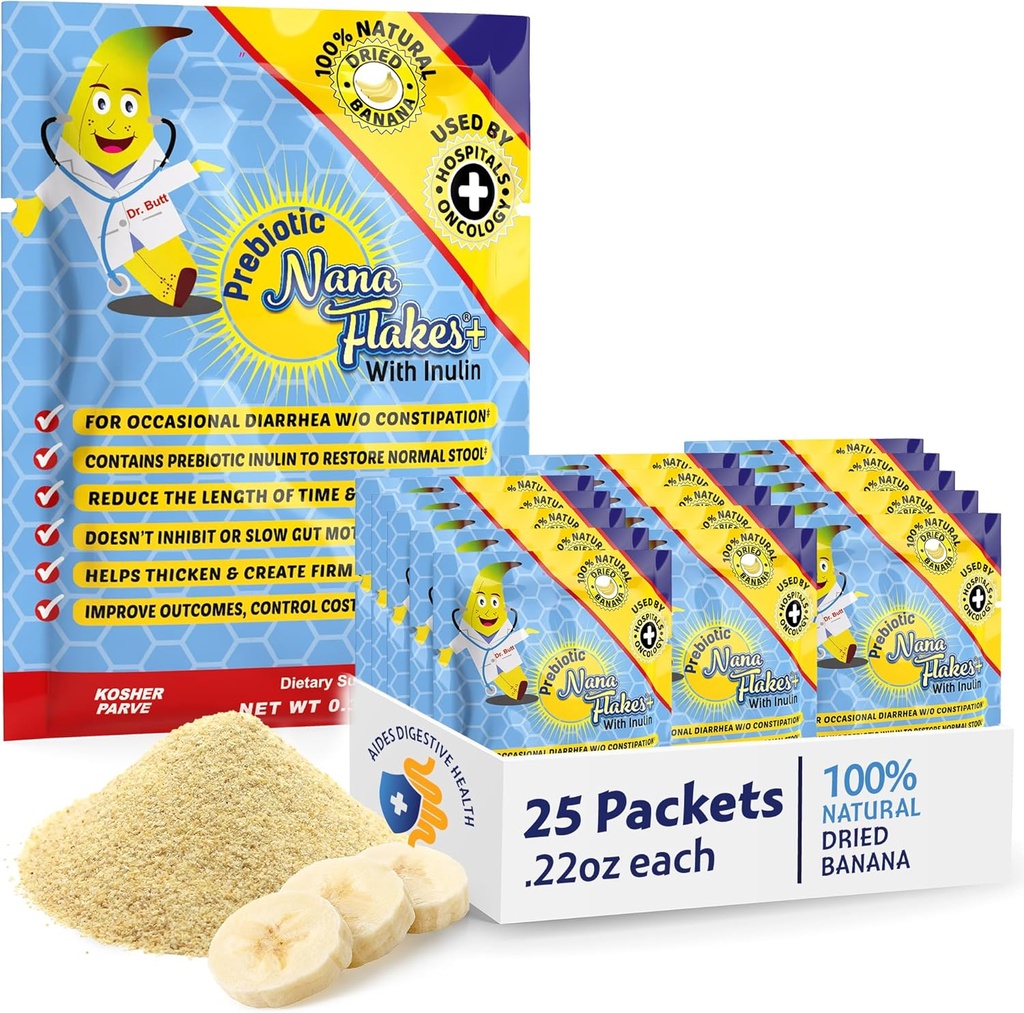 Nutritional Designs, Prebiotic Nana Flakes with Inulin, 100% Pure Banana Flakes, High Protein & Prebiotic Fiber, Digestive Wellness, for Adults & Kids 4+ (25 Single-Serve Packs)