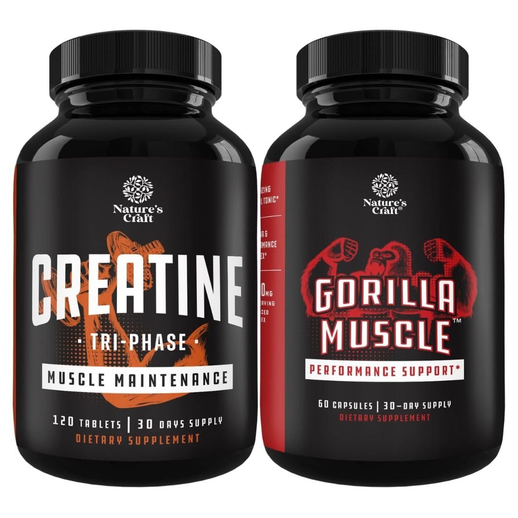 Bundle of Tri Phase Creatine Pills 5g and Extra Strength Test Booster for Men - Muscle Mass Gainer and Muscle Recovery Creatine HCL Pyruvate - Natural Energy Supplement with Horny Goat Weed