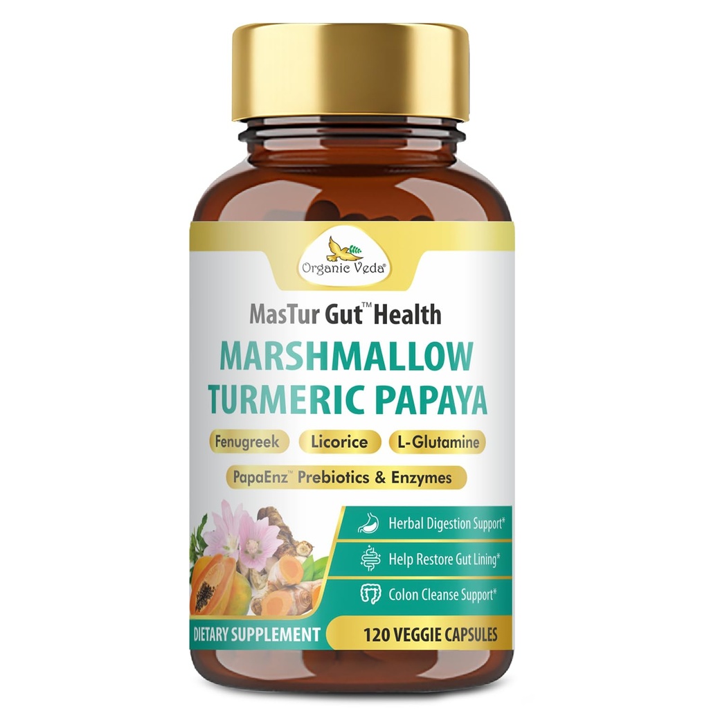 Organic Veda Marshmallow Turmeric MasTur Gut Health Supplement - Total Gut & Digestion Complex, Leaky Gut Repair, Bloating Relief for Women & Men - Papaya Digestive Enzymes, L-Glutamine, 120 Capsule