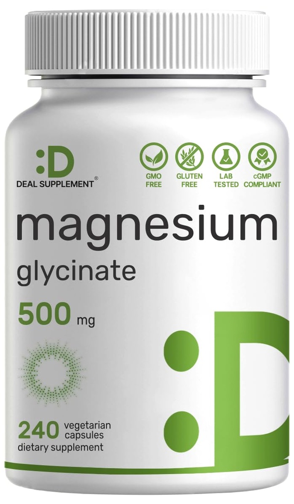 Deal Supplement Magnesium Glycinate 500mg, 240 Veggie Capsules | 100% Chelated for Easy Absorption | Essential Mineral Supplement | Non-GMO, Gluten-Free