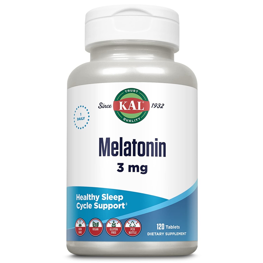 KAL Melatonin 3mg Sleep Aid, Fast Dissolve Tablets, Calming Relaxation and Healthy Sleep Cycle Support, with Added Vitamin B6, Vegan, Gluten Free, Non-GMO, 120 Servings, 120 ActivTabs
