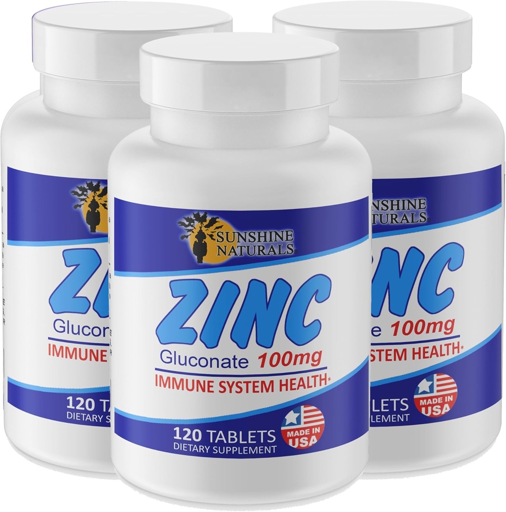 Sunshine Naturals Zinc Gluconate Mineral Supplement – Supports Immune System, Promotes Wound Healing, Improves Skin Health, Provides Antioxidant Defense – 100mg, 120 Tablets, High Potency