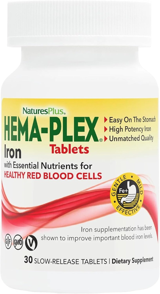 NaturesPlus Hema-Plex Iron - 30 Slow-Release Tablets - 85 mg Chelated Iron - Total Blood Health - with Vitamin C & Bioflavonoids - Non GMO, Vegetarian & Gluten Free - 30 Servings