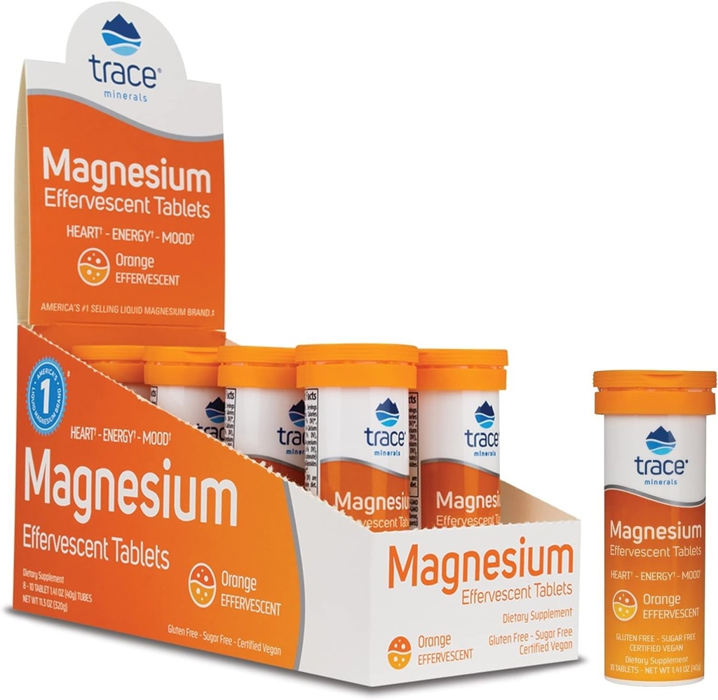 Trace Minerals Magnesium Effervescent - Bone & Circulatory Health Support - Magnesium Supplement to Aid Cardiovascular Health & Positive Outlook - Orange, 8 Containers (80 Servings)