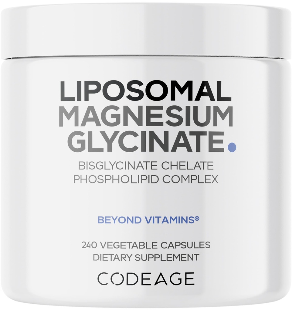 Codeage Liposomal Magnesium Glycinate Supplement, 2-Month Supply, Bisglycinate Magnesium Chelate, Chelated Magnesium Mineral Pills, BioPerine Black Pepper Vitamins Capsules, Non-GMO Vegan, 240 ct