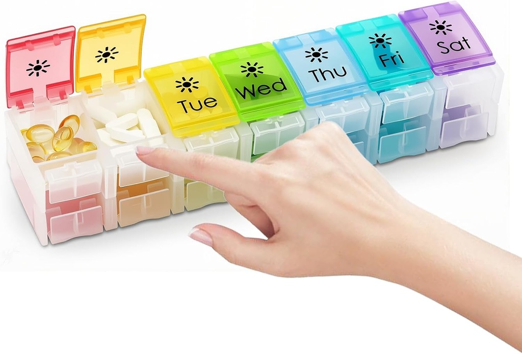 XL Large AM/PM Weekly Pill Organizer Arthritis Friendly, 2 Times a Day Pill Box with Spring Open Design, 7 Day Vitamin Case with Push Button Compartments