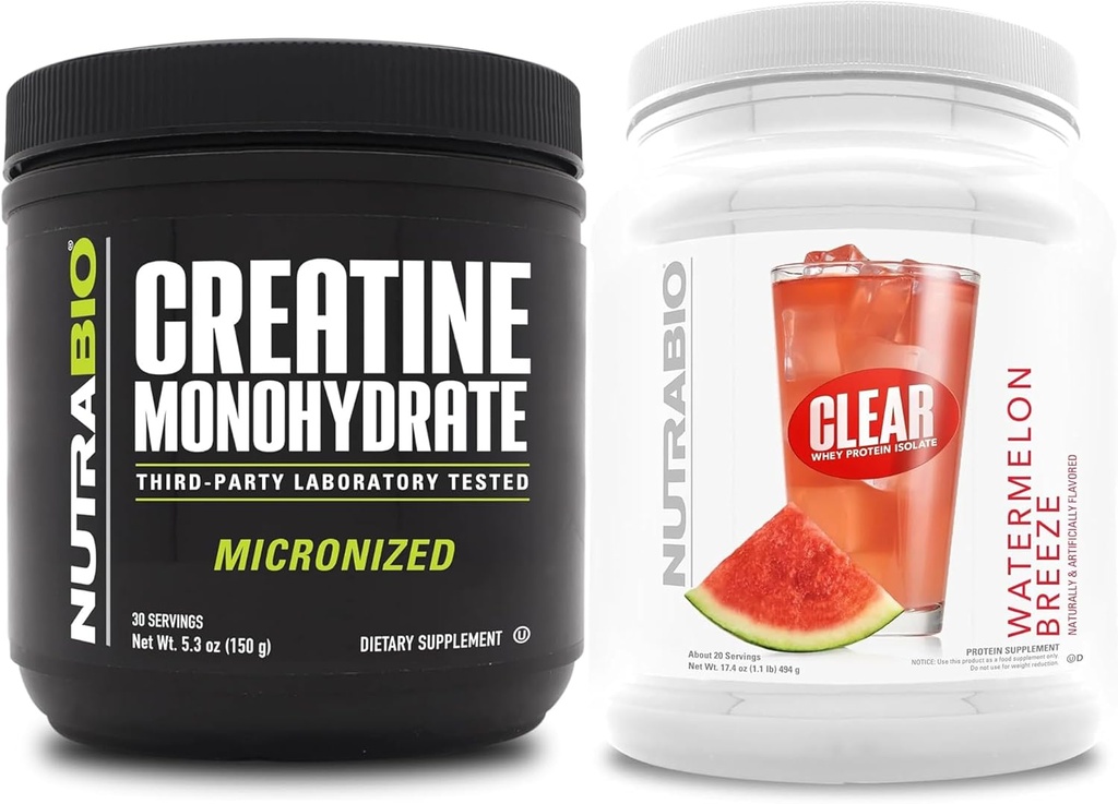 NutraBio Creatine Monohydrate, Unflavored, (150 g) and Clear Whey Protein Isolate, (Watermelon Breeze) Supplement Bundle – Muscle Energy, Maximum Growth, Recovery, and Strength