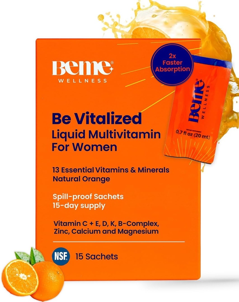 BeMe Liquid Multivitamins for Women - Advanced Liquid Delivery System with 13 Vitamins & 4 Minerals - Tear & Go Sachets, Non-GMO, Orange Flavor (15 Sachets)