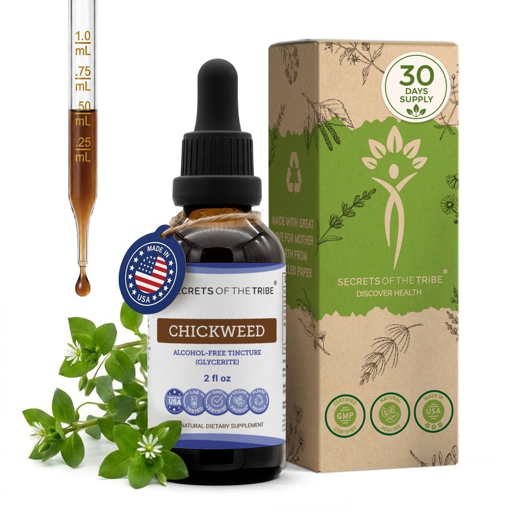 Secrets of the Tribe Chickweed Liquid Extract for Skin Health & Antioxidant Support | Herbal Supplement | Alcohol-Free | Stellaria Media Dried Herb | Drops 2 fl oz