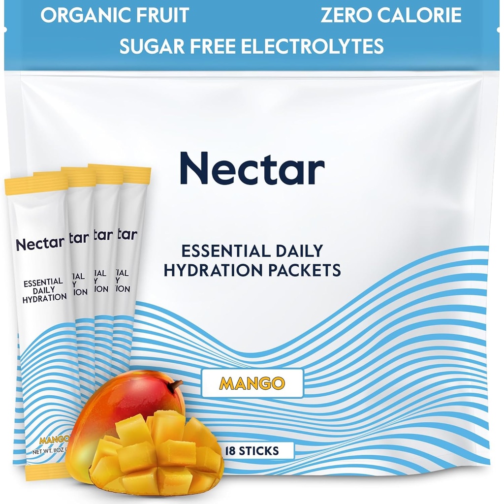 Nectar Hydration Packets - Electrolytes Powder Packets - Sugar Free & 0 Calorie - Organic Fruit Liquid Daily IV Hydrate Sticks for Dehydration Relief & Rapid Rehydration (Mango 18 Pack)