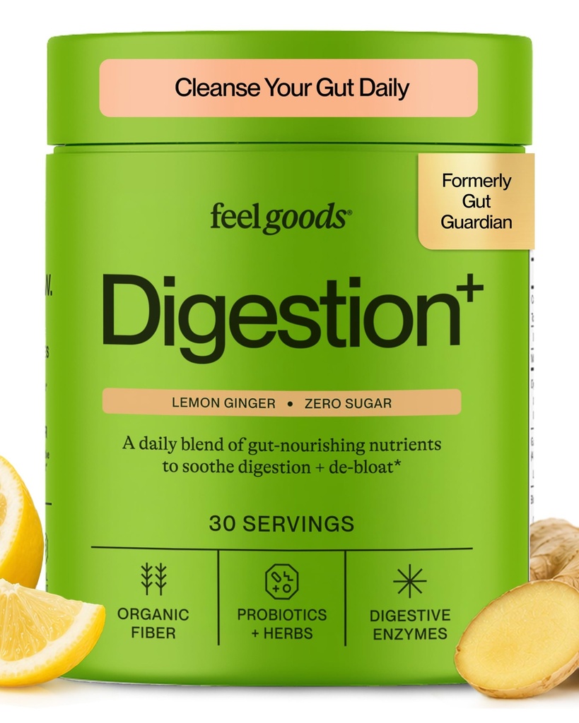 Feel Goods Digestion+, Gut Health, Organic Fiber & Probiotic Drink Mix, Digestive Enzymes for Bloating Relief, Gut Cleanse - Gut Guardian Fiber with Prebiotics - Zero Sugar, 30 Count