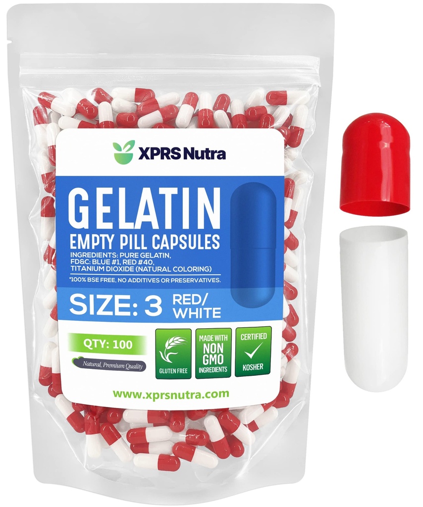 XPRS Nutra Size 3 Empty Capsules - 100 Count Empty Gelatin Capsules - Pills DIY Capsule Filling - Pure Bovine Pill Gel Caps Fillable Do-It-Yourself Vitamins and Supplements (Red/White)
