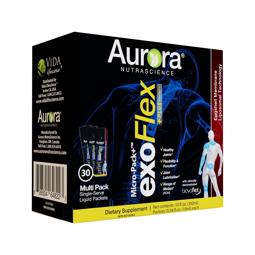 Aurora Nutrascience Micro-Pack Liposomal exoFlex+ - Liquid Vitamin C Supplement, Eggshell Membrane with BiovaFlex, Curcumin, & Boswellia, for Men & Women - 30 Single-Serve Packets
