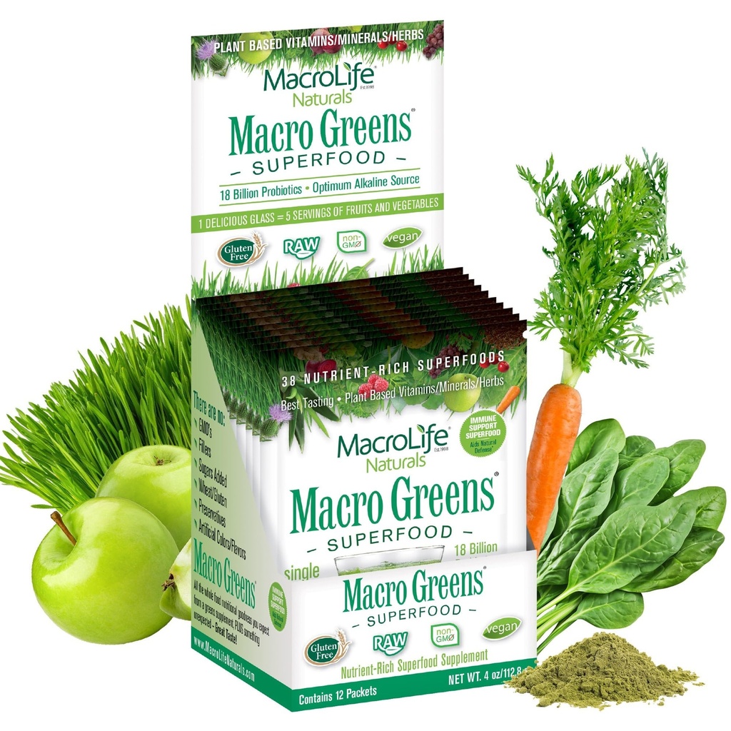 MacroLife Naturals Macro Greens Superfood Powder – 38 Superfoods with Probiotics, Digestive Enzymes & Adaptogens | Non GMO, Vegan, Gluten Free | 18B CFU | Packets (12 Servings)