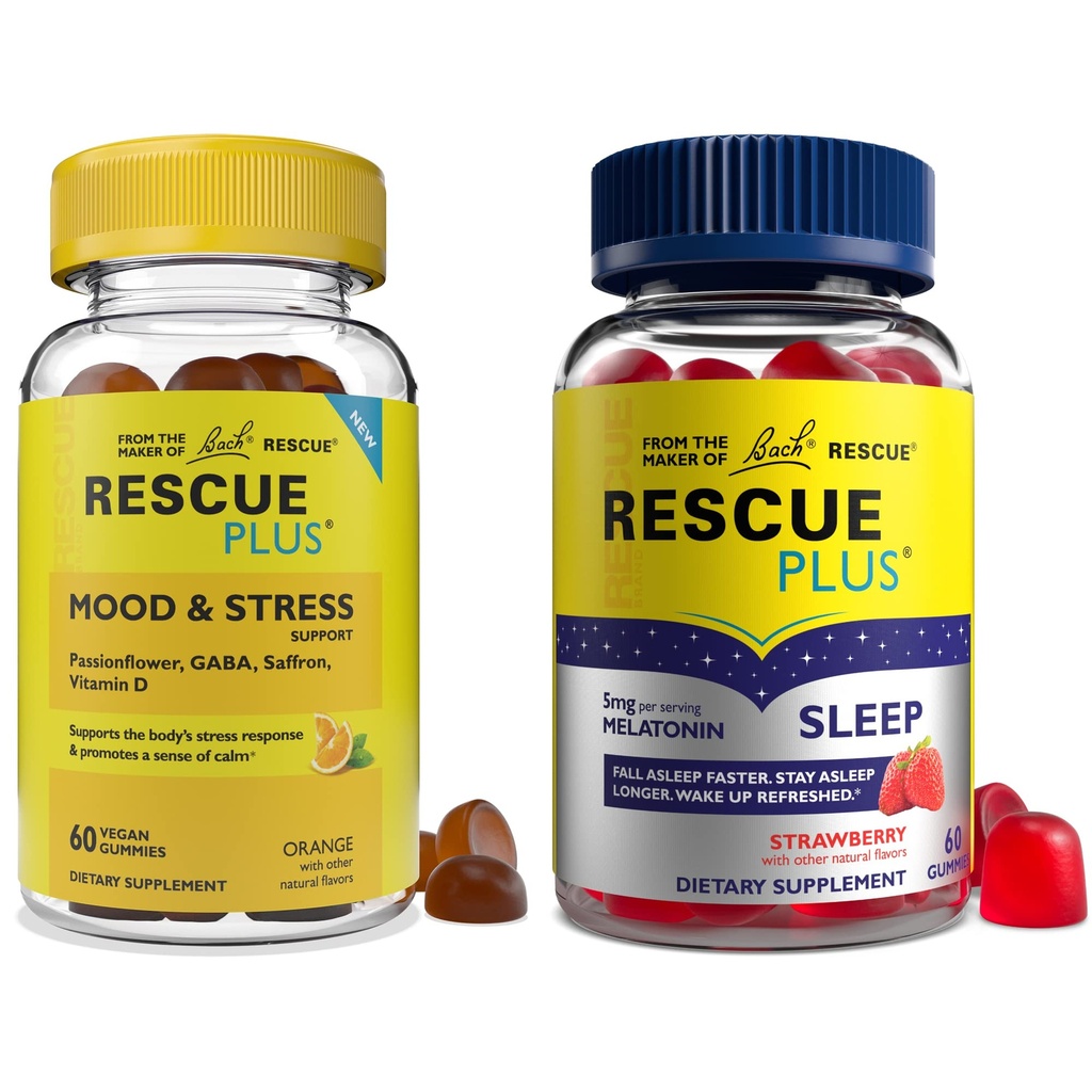 Bach Rescue Plus Sleep Gummies with 5mg Melatonin/dose [and] Bach Rescue Plus Mood & Stress Support Gummies with Key Nutrients and Botanicals - 2PK Dietary Supplements, 60Ct Each