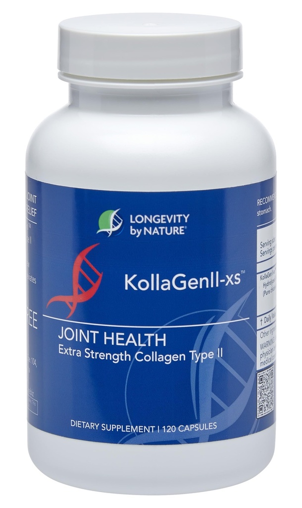 Longevity by Nature Extra Strength KollaGen II-XS- Collagen Type II with Hyaluronic Acid, Chondroitin, and Glucosamine – Joint Support, 120 Capsules.