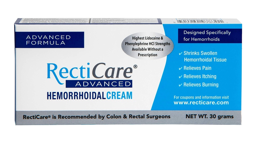 Recticare Advanced Hemorrhoidal Cream: Advanced Treatment to Shrink & Soothe Hemorrhoids - Itch, Pain, Burn Relief - 30g Hemorrhoidal Cream with Lidocaine