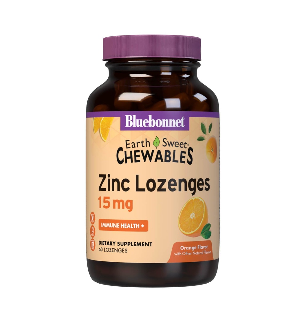 Bluebonnet Nutrition Earthsweet Zinc Lozenges 15mg Chewables, Plus 100mg of Vitamin C, Soy-Free, Gluten-Free, Kosher Certified, Dairy-Free, Vegan, Orange Flavored, 60 Lozenges