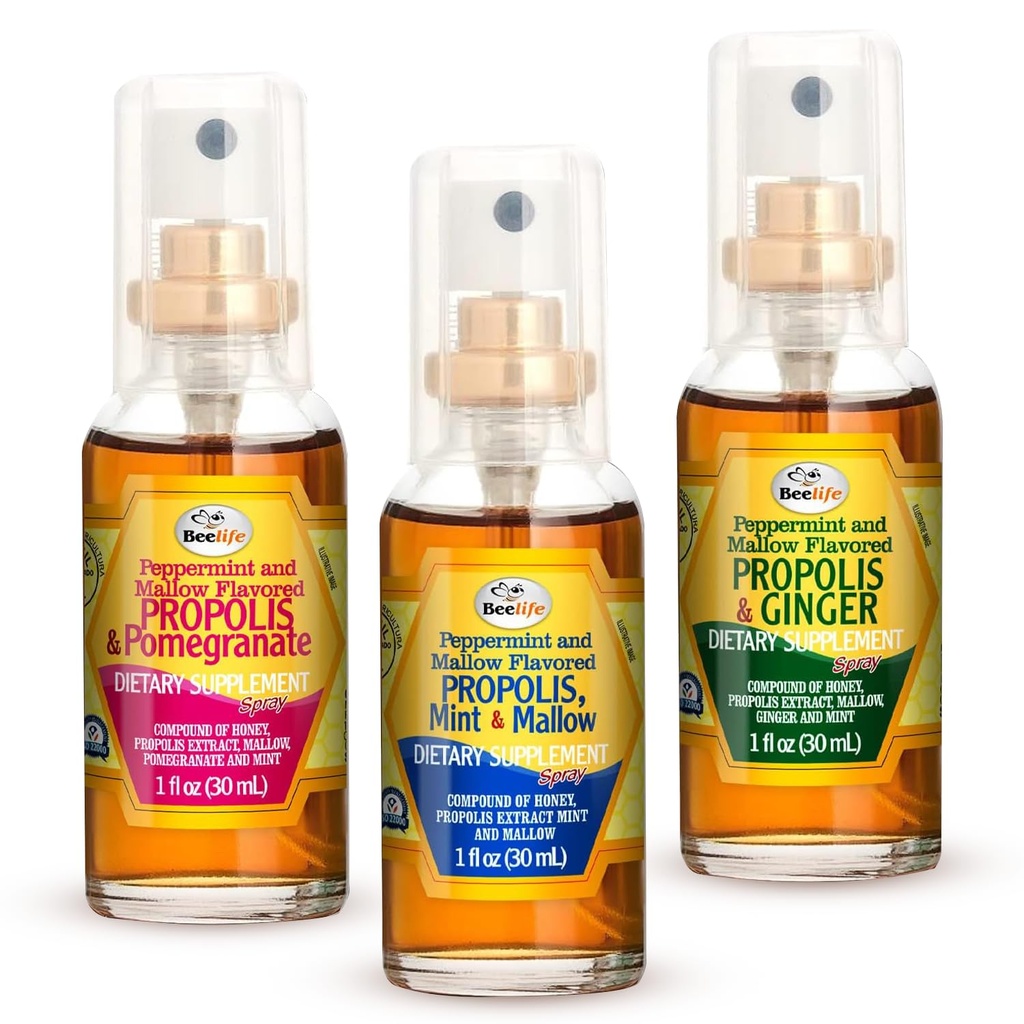 Beelife Propolis Throat Spray – Bee Propolis Spray for Natural Immune Support & Sore Throat Relief – Rich in Antioxidants, Flavonoids & Artepillin C,No Sugar, Gluten-Free -3-Pack, 90ml (Assorted)