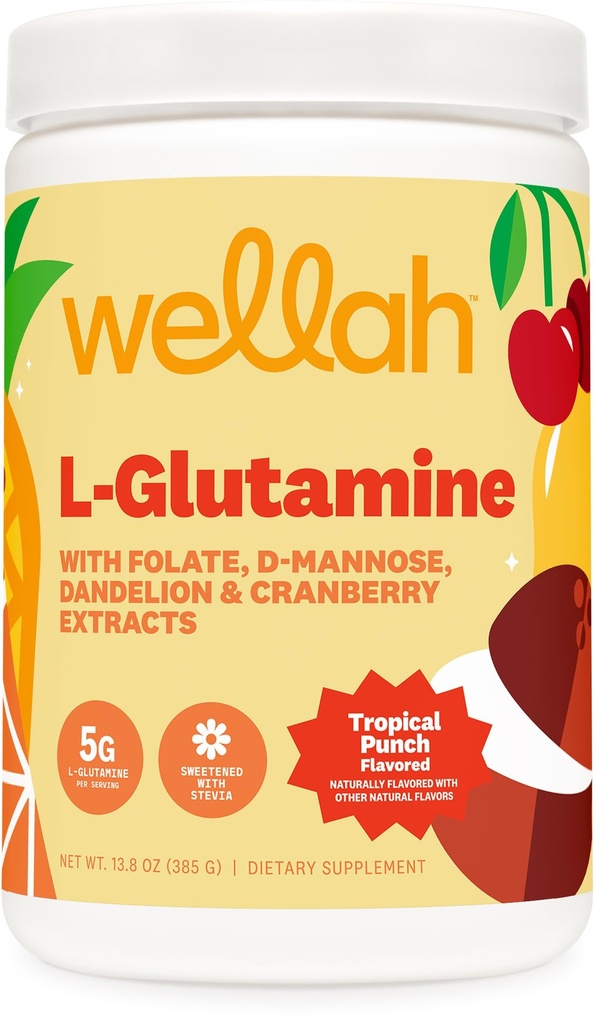 Wellah L-Glutamine Powder Tropical Punch (50 Servings) - 5g L-Glutamine Per Serving, Sweetened with Stevia