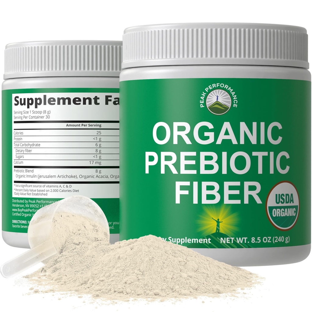 USDA Organic Prebiotic Fiber 3-in-1 Vegan Powder for Gut Health - Raw Whole Food Plant Based Prebiotics Digestive Supplement with Inulin (Jerusalem Artichoke), Acacia Fibers, SunFiber 240g