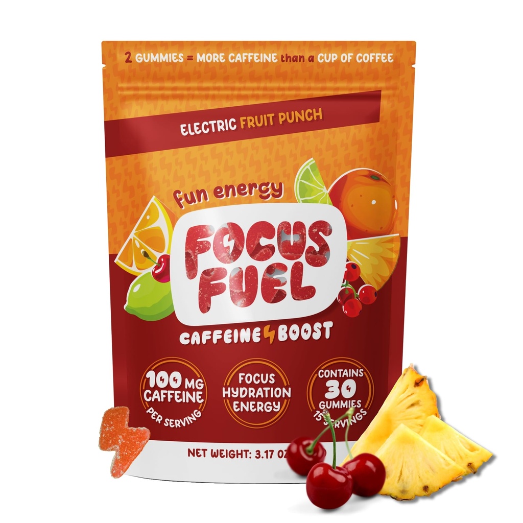 FocusFuel Energy Chews – Fruit Punch Flavor (15 Servings) – 100mg Caffeine + L-Theanine + B12, Magnesium – Boost Focus & Energy – No Crash or Jitters