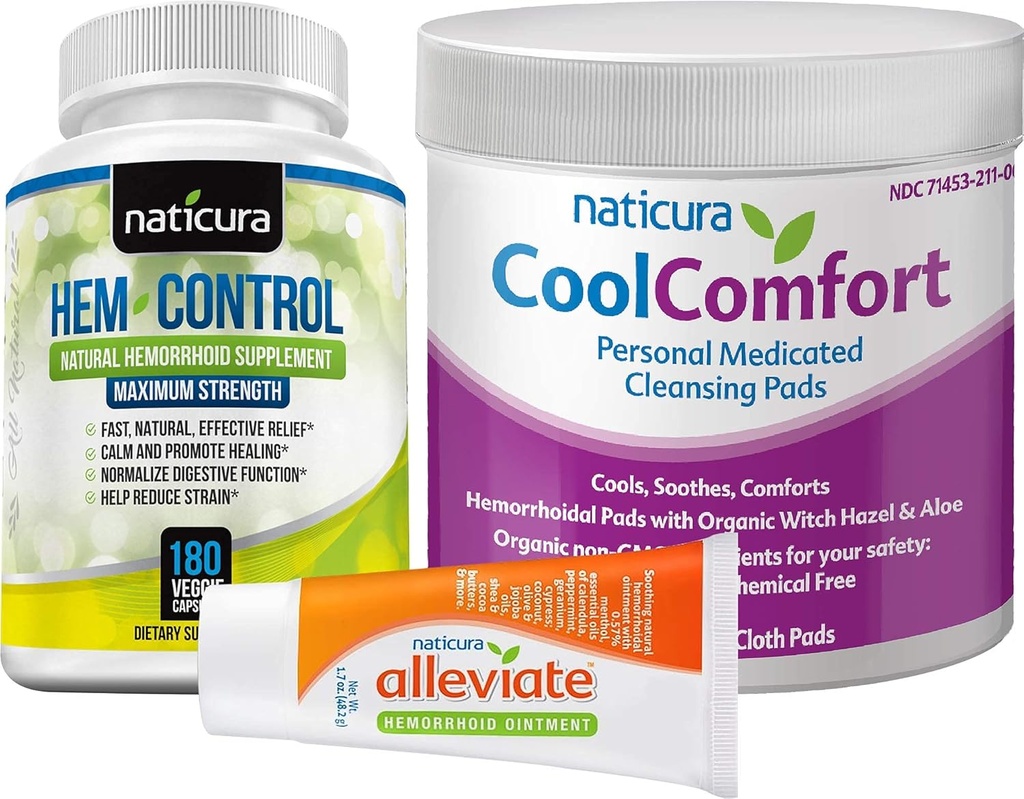 Bundle - Alleviate Natural Hemorrhoid Relief Ointment, Hem-Control Natural Hemorrhoid Supplement (180 Count), and CoolComfort Personal Cleansing Pads (100 Count) - All-Natural, Fast Acting