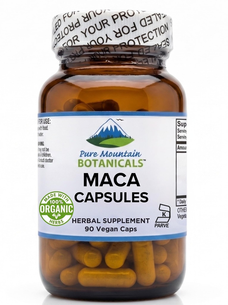 Pure Mountain Botanicals Maca Root Capsules - Kosher Vegan Caps Now with 1000 mg Organic Raw Macca and Gelatinized Maca Root Supplement