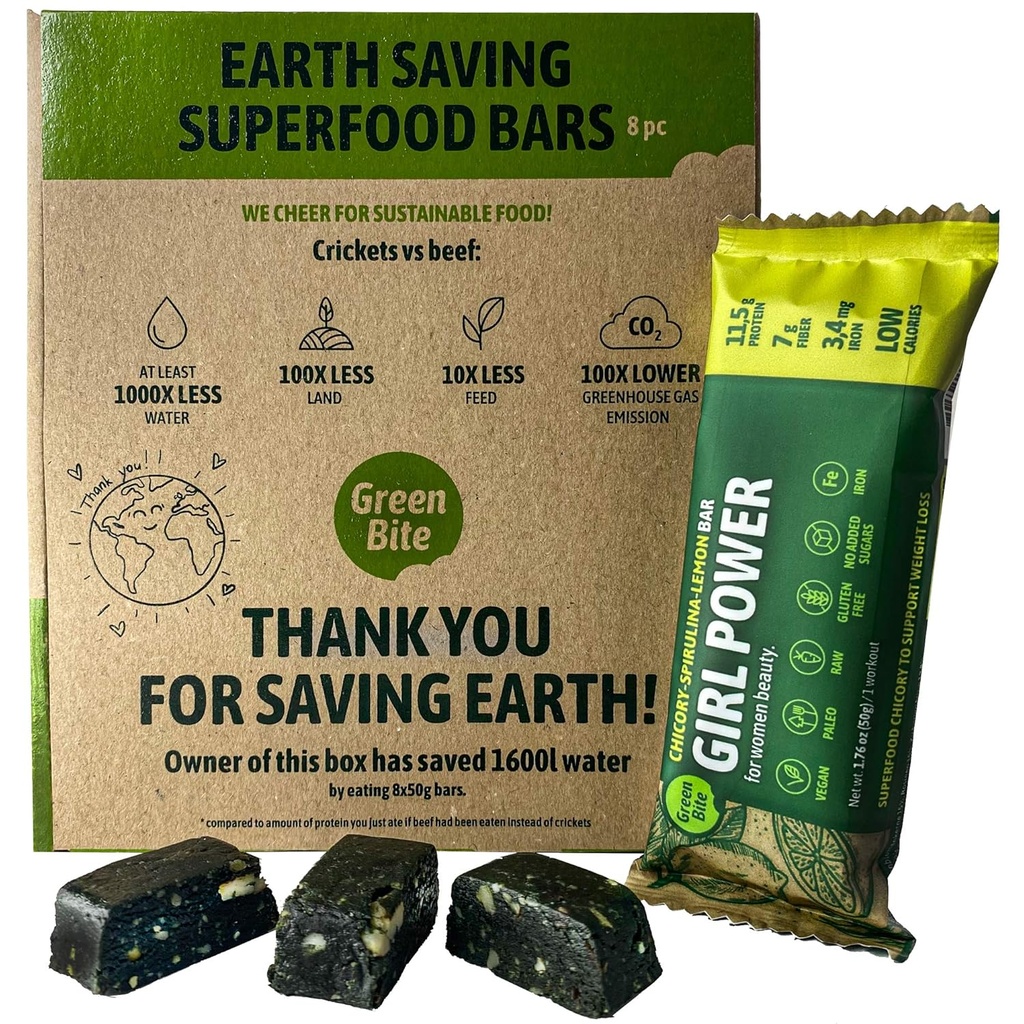 Girl Power Protein Bars Low Calorie High Protein, Meal Replacement Bars for Best Figure, Vegan Protein Snacks, Iron-Rich Protein Bars, No Sugar, Chicory Spirulina Lemon Flavor, Pack of 8 - Green Bite