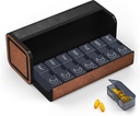 Medicine Pill Organizer, 7 Day AM PM Pill Box 2 Times a Day, Travel Leather Pill Case, Pressing The Double Opening, Holds Medication Vitamins Fish Oil and Supplements (Black and Brown)