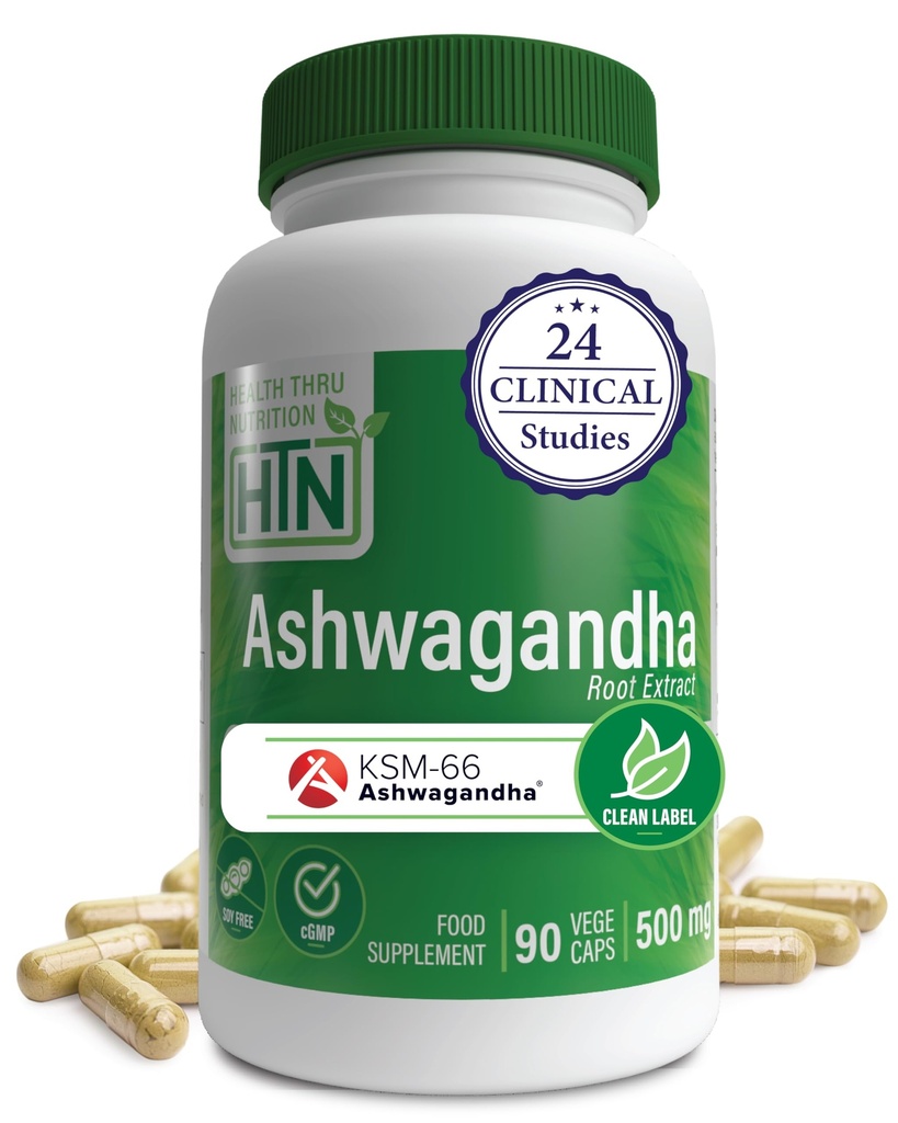 Health Thru Nutrition Ashwagandha 500mg KSM­66® 90 Capsules | Stress, Mood, Focus, & Energy | Clinically Proven and Organic Root-Only Whitania Somnifera Extract | Non-GMO, Gluten & Soy Free