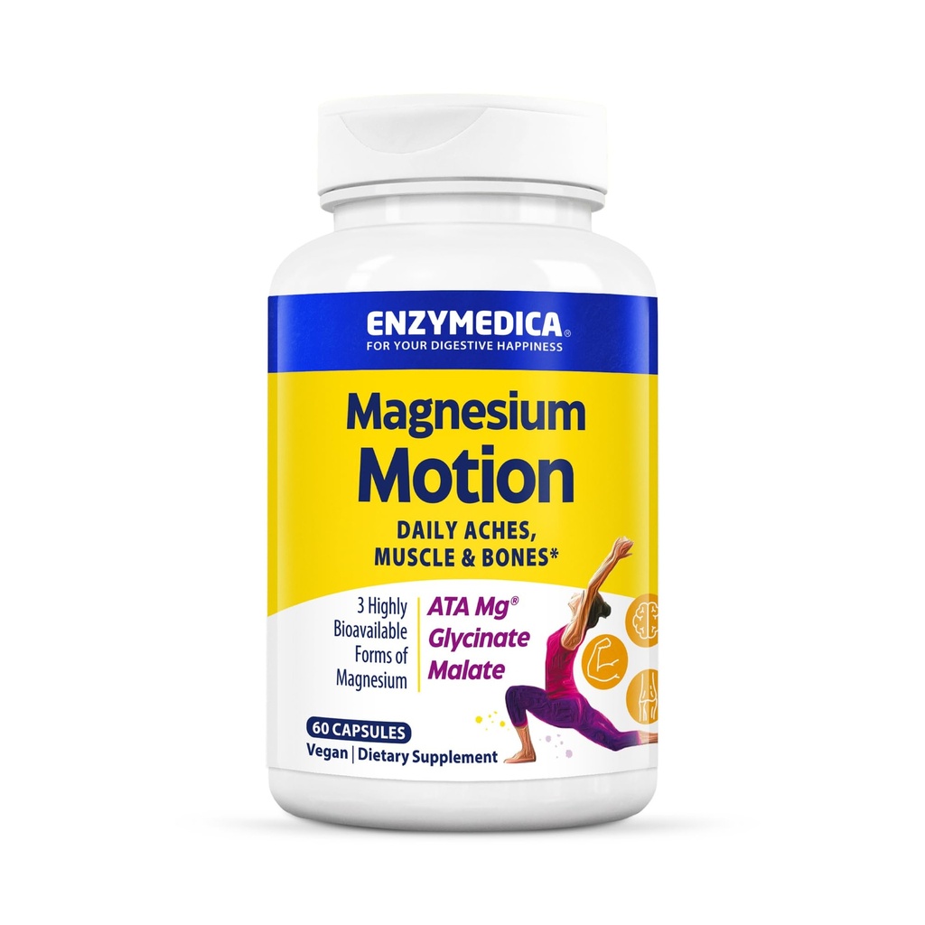 Enzymedica Magnesium Motion Supplement for Women & Men - Triple Magnesium Complex, ATA Mg, Malate & Glycinate, Muscle & Bone Health Support Capsules, High Bioavailability, Vegan, Gluten Free - 60 Caps
