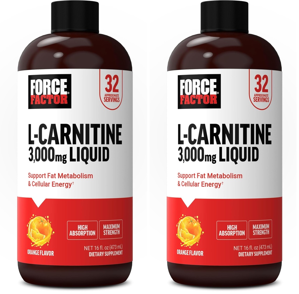 Force Factor L Carnitine Supplement, Liquid L-Carnitine 3000 mg to Help Turn Fat Into Energy, Support Muscle Recovery, and Boost Cellular Energy, Maximum Strength, Non-GMO, Orange Flavor, 16 Oz.