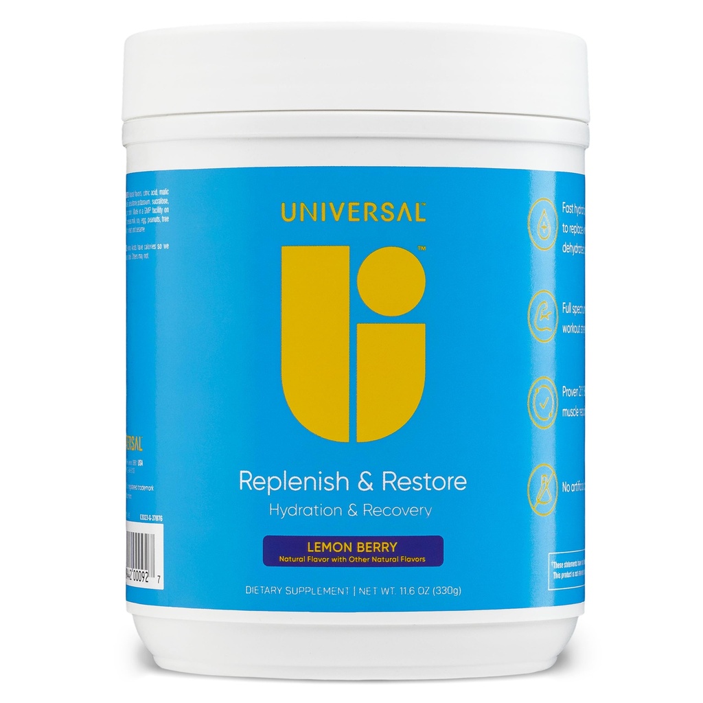 Universal U Replenish & Restore Powder, Hydration & Recovery, Promotes Muscle Repair and Growth, Custom Dosing, L-Lysine, L-Glutamine, L-Tryptophan, No Artificial Flavors, 30 Servings (Lemon Berry)