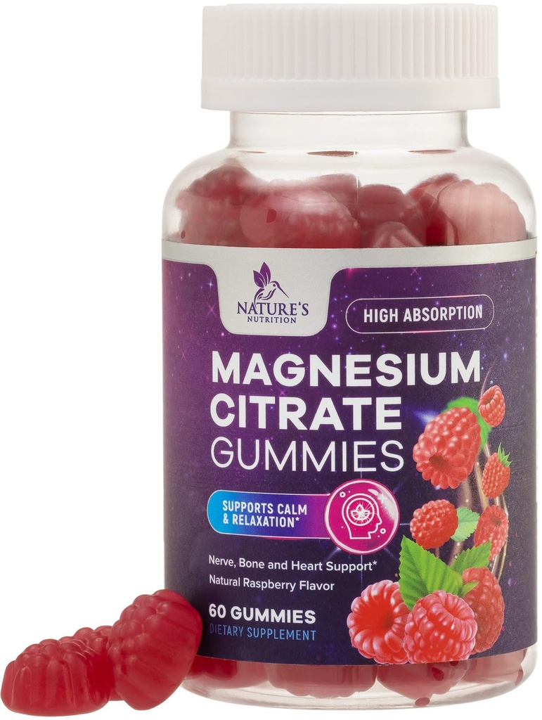 Magnesium Citrate Gummies - High Absorption Magnesium Citrate Gummy Supplement - Natural Bone, Nerve, Muscle, Calm, & Relaxation Support for Adults - Raspberry Flavor, Gluten Free, Vegan - 60 Gummies