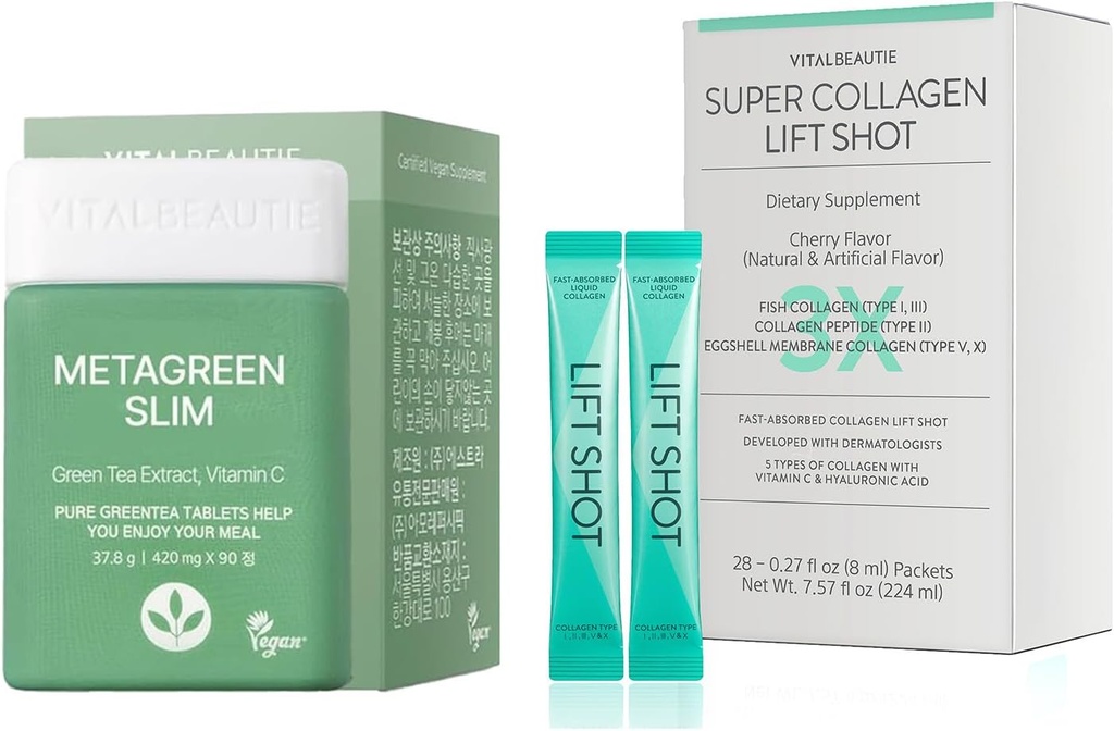 VITALBEAUTIE Metagreen Slim (Green Tea Extract, EGCG) 30 Servings Liquid Collgen for Women, Super Collagen Lift Shot
