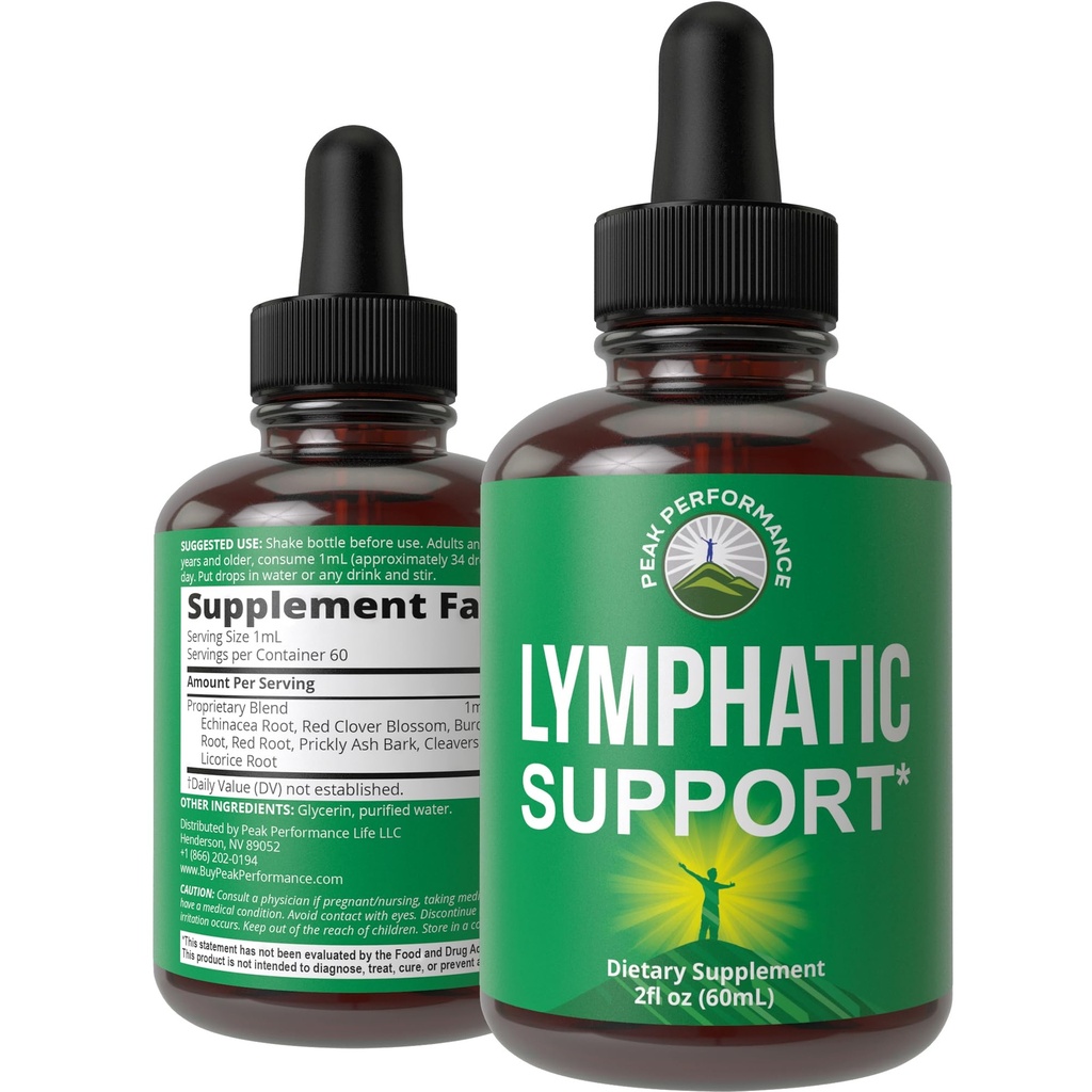 Peak Performance Lymphatic Drainage Drops. Sugar Free 7-in-1 Lymph Detox and Cleanse Support. Vegan Supplement with Echinacea, Red Clover Blossom, Burdock Root, Cleavers Herb, Licorice Root, and More