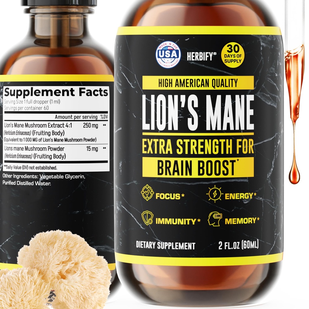 HERBIFY Lions Mane - Lions Mane Mushroom Supplement- Lions Mane Tincture - Lions Mane Immune Support - Lions Mane Tincture for Memory, Focus & Clarity - Daily Mushroom Supplement 2 Fl oz