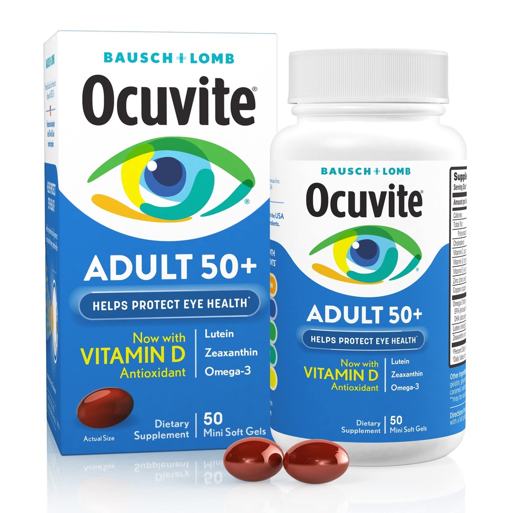 Ocuvite 50+ Eye Vitamin & Mineral Supplement, Multivitamin for Vision & Ocular Health with Omega-3, Zinc, Vitamins C & E, Lutein & Zeaxanthin, Zinc Supplements for Women and Men, 50 Softgels