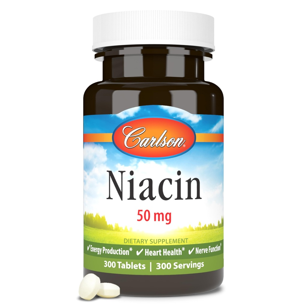 Carlson - Niacin, 50 mg, Supports Cholesterol Metabolism, Energy Production, Heart Health, Nerve Function, 300 Tablets