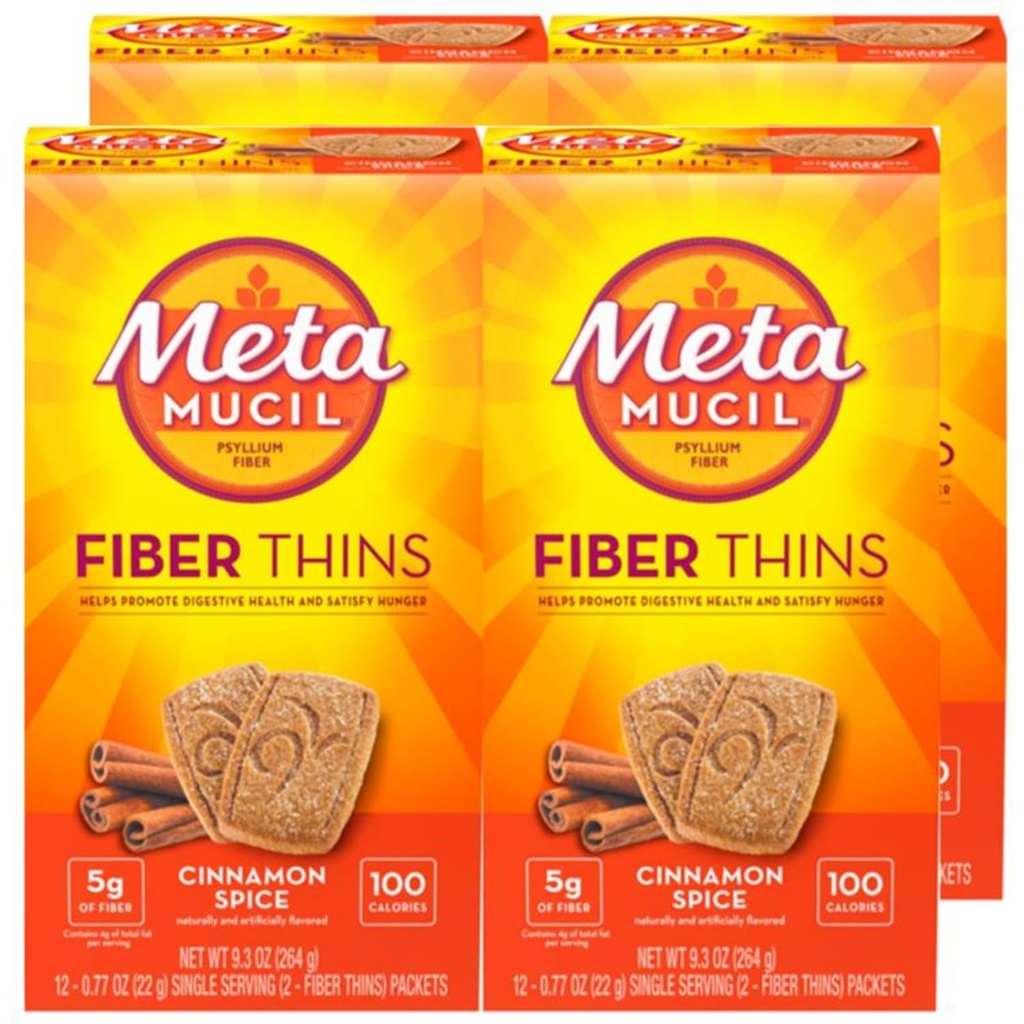 Metamucil Fiber Thins, Daily Fiber Supplement Snack, Psyllium Husk Powder, 5g Fiber per Serving, Supports Digestive Health and Satisfies Hunger, Cinnamon Spice Flavor, pack of 4, 12 Servings each