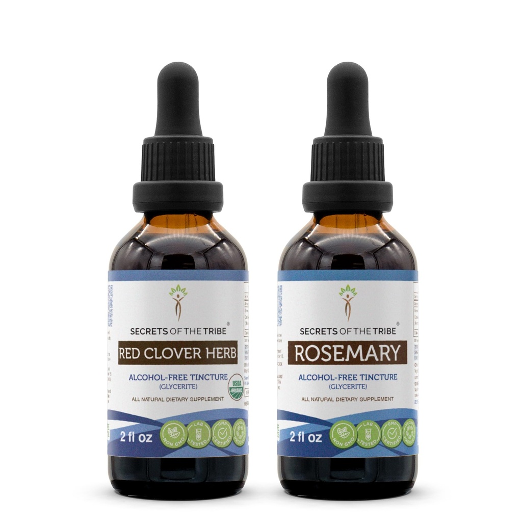 Red Clover Herb USDA Organic and Rosemary Liquid Extract (2 pcs.) | Alcohol-Free Tinctures | Organic Red Clover Herb (Trifolium Pratense) and Rosemary (Rosmarinus Officinalis) Dried Leaf (2x2 fl oz)