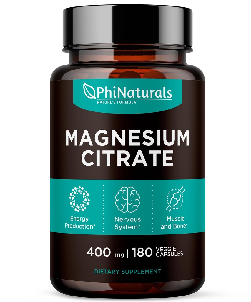 Magnesium Citrate Powder Capsules 400mg - 180 Count Veg Caps - PhiNaturals Supplements - Nervous System Support and Enzyme Function