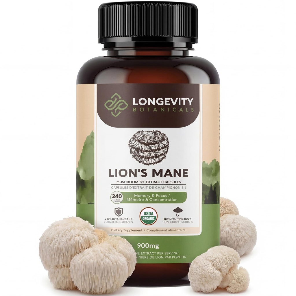 Longevity Botanicals Organic Lion's Mane Mushroom Capsules Supplement Extract 240ct | Hericium Erinaceus Fruiting Body | ≥20% Beta-D-Glucans | 80 Servings of 900mg | Supports Cognitive & Gut Wellness