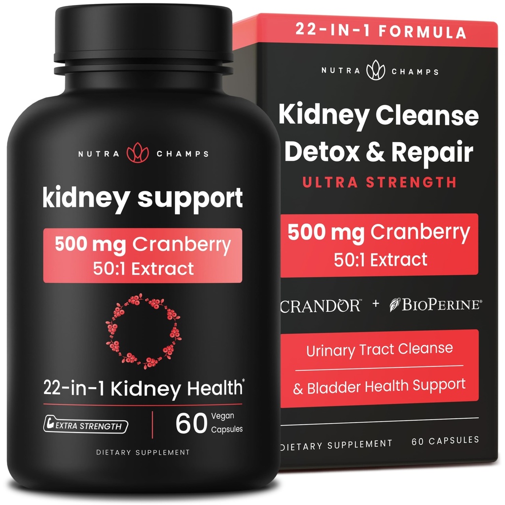 Kidney Cleanse Detox | 22-in-1 Kidney Support Supplement | Cranberry Pills Extract | Extra Strength Repair & Flush Premium Formula | Urinary Tract Health for Women & Men | 60 Vegan Capsules