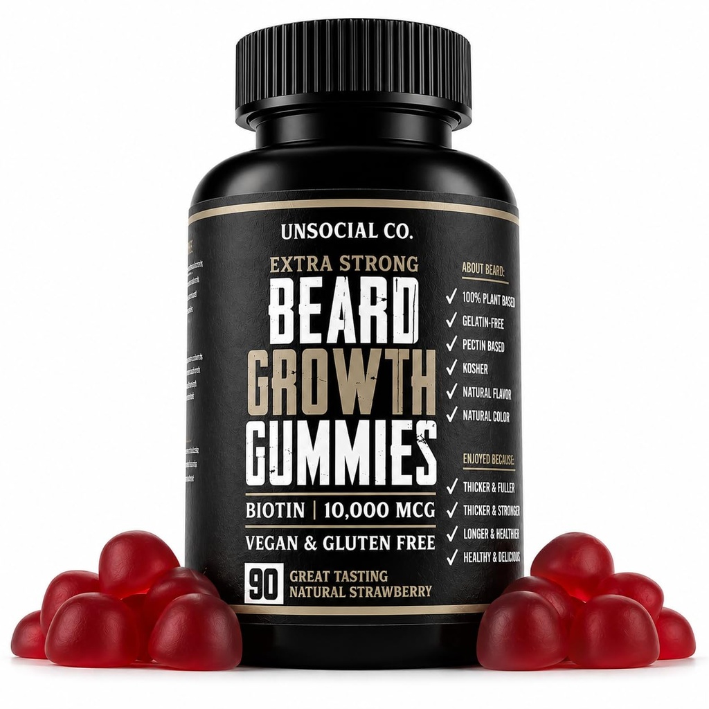 Beard Growth Gummies 90 ct | 10,000mcg Biotin | Vitamin B7 | Vegan, Kosher & Gluten Free | Natural Strawberry Flavor